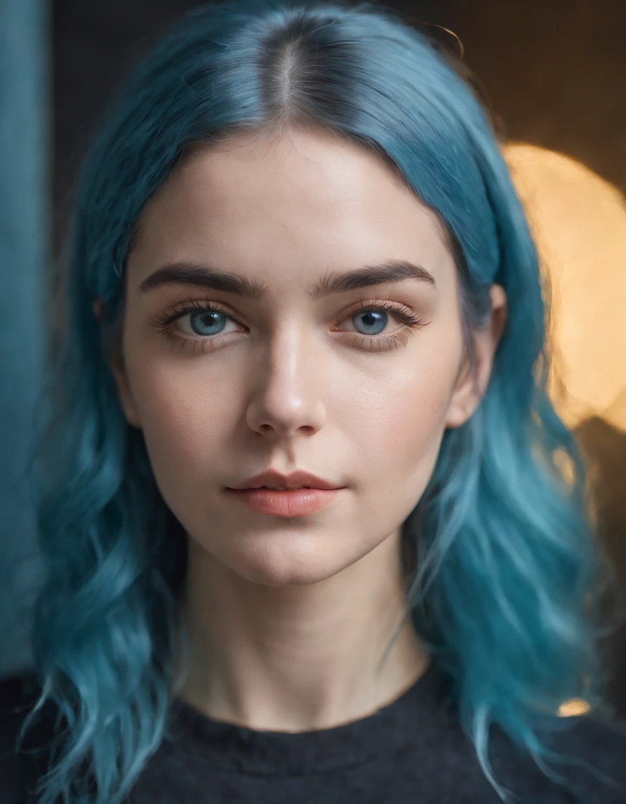 a young girl with blue hair on a blue background, in the style of multiple exposure, dark cyan and light amber, leica cl, uhd image, portraitures, golden light. close-up