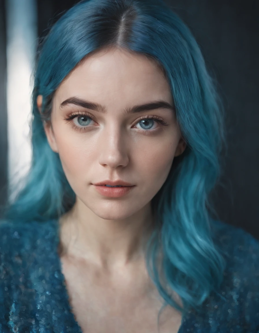 a young girl with blue hair on a blue background, in the style of multiple exposure, dark cyan and light amber, leica cl, uhd image, portraitures, golden light. close-up