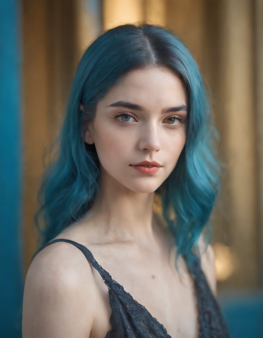 a young girl with blue hair on a blue background, in the style of multiple exposure, dark cyan and light amber, leica cl, uhd image, portraitures, golden light. close-up