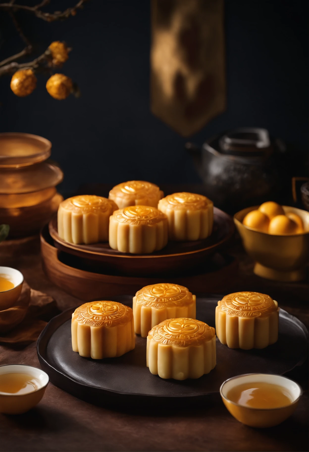 Commercial shooting, Cantonese egg yolk mooncakes, Mooncake size, poster for, Fresh style background, elegant, Booth lighting, Attractive, photorealistic colors, Ultra HD