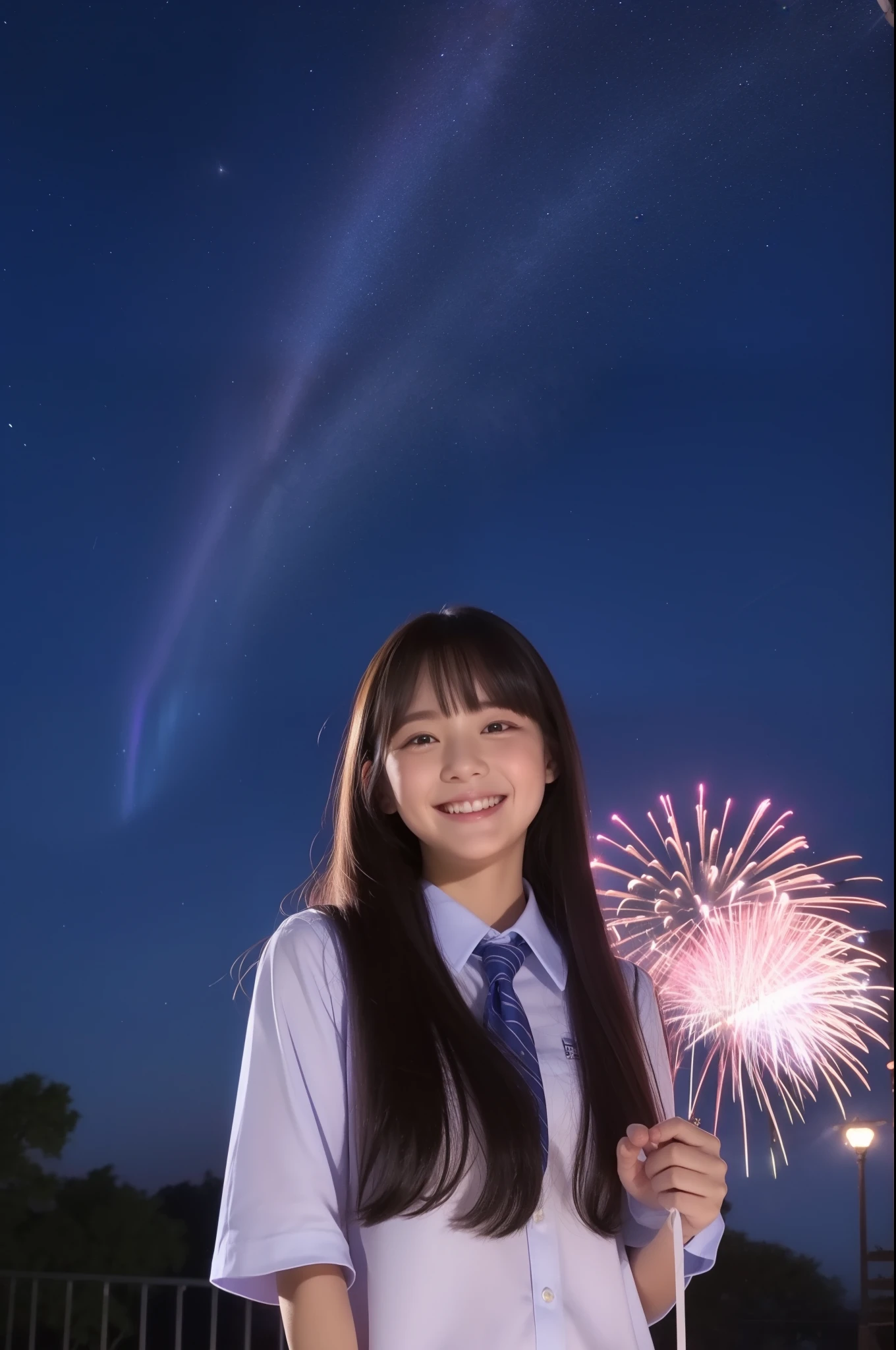 A smile、hi-school girl、校服、shortsleeves、An amusement park、While doing fireworks、starrysky、Aurora、Idol