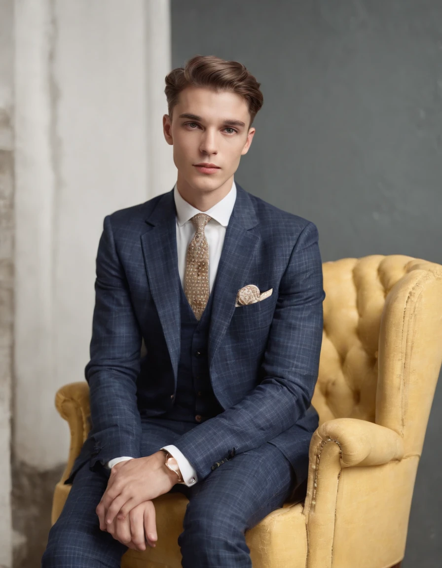 young man in vintage art nouveau style, wearing navy checkered suit, arms crossed and sitting on back of yellow retro chair, medium close up, side shot, white room, high quality photo. close-up