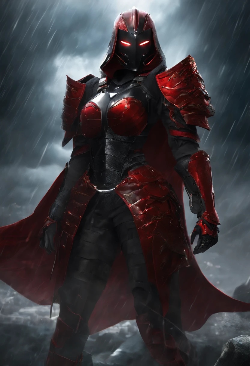 1 Japanese girl, battle armor, Intricate pattern, heavy metal, Energy lines, Faceless, Glowing eyes, elegant, Intense, blood red and black uniform, Solo, modern, City, Streets, Dark clouds, thunderstorm, heavy rain,, Dramatic lighting,, (Masterpiece:1.2), Best quality, high resolution,   Beautiful detailed, Extremely detailed, Perfect lighting,