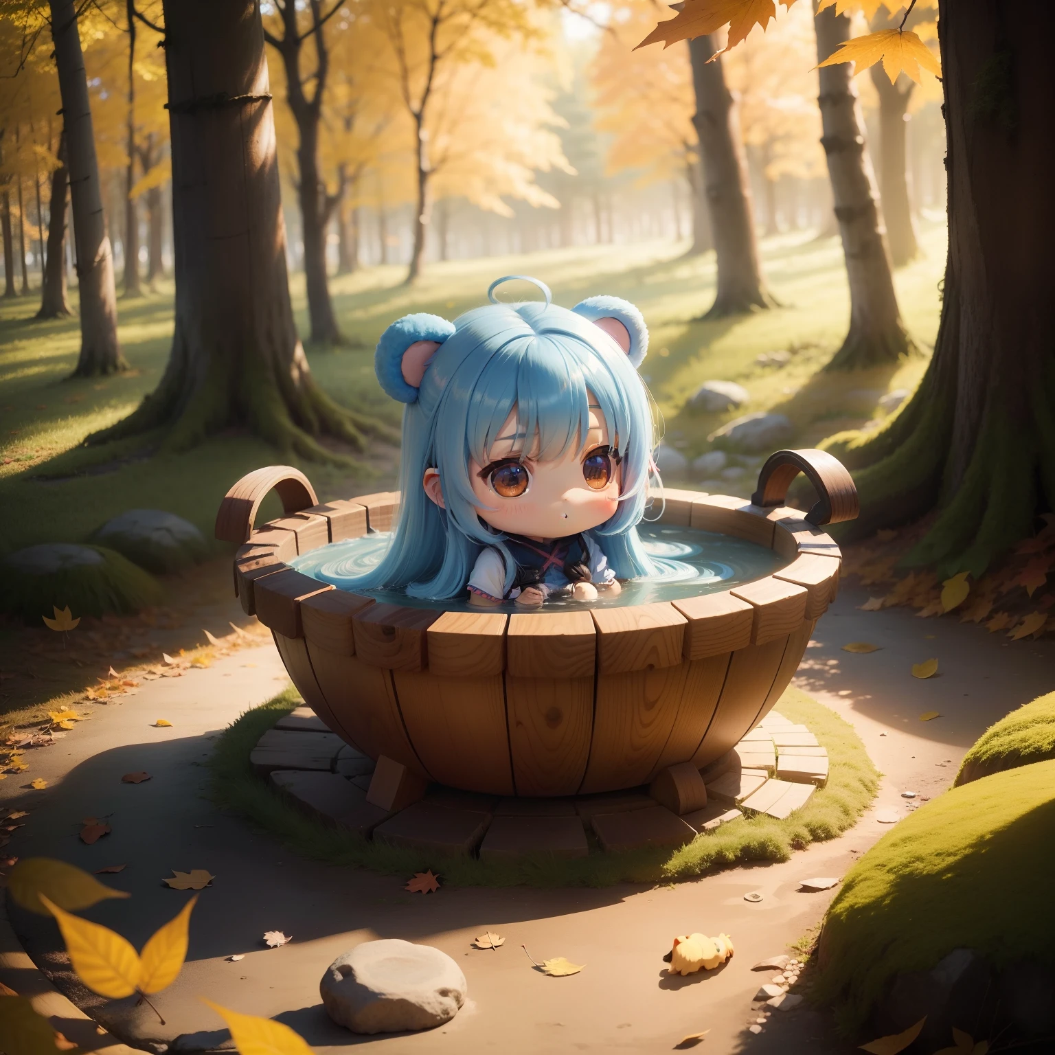 Chibichara long hair with blue hair((Chibi Chara))、girl with、Chibi Chara、I am taking a large open-air bath in the forest of autumn leaves.。The little bear is with us.。full body Esbian、Pastel colors hair、masutepiece、top-quality、