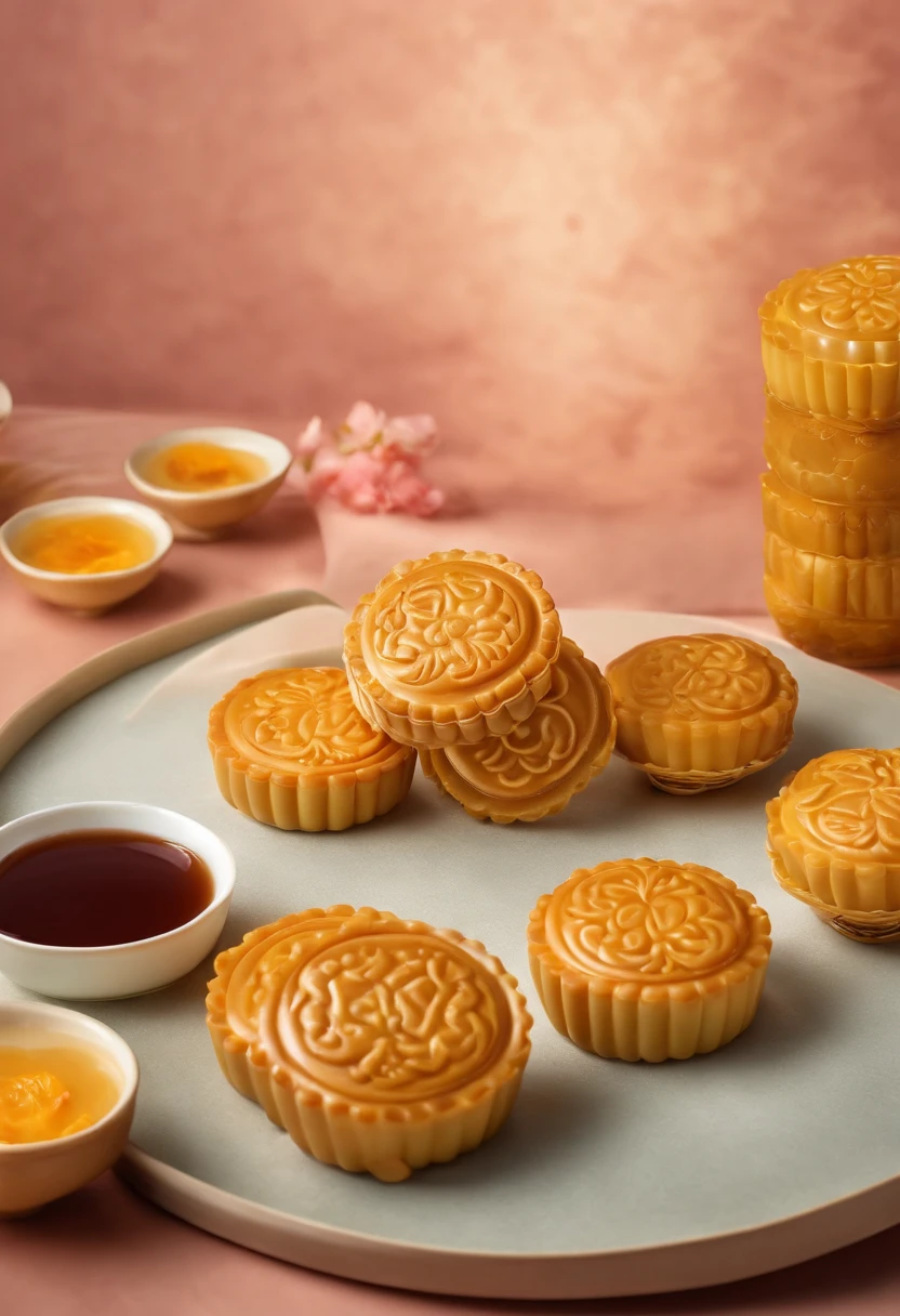 Commercial shooting, Cantonese egg yolk mooncakes, Mooncake size, poster for, Fresh style background, elegant, Booth lighting, Attractive, photorealistic colors, Ultra HD