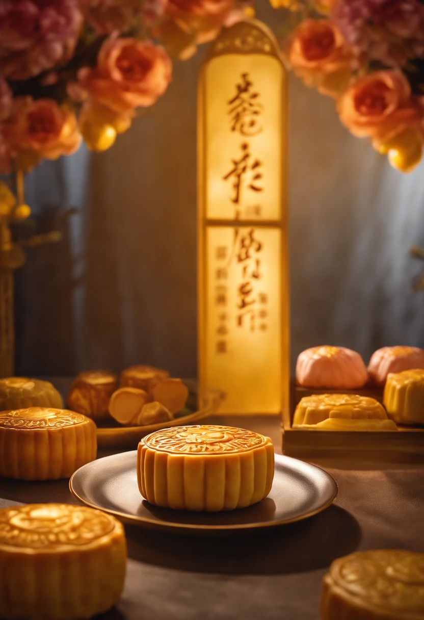 Commercial shooting, Cantonese egg yolk mooncakes, Mooncake size, poster for, Fresh style background, elegant, Booth lighting, Attractive, photorealistic colors, Ultra HD