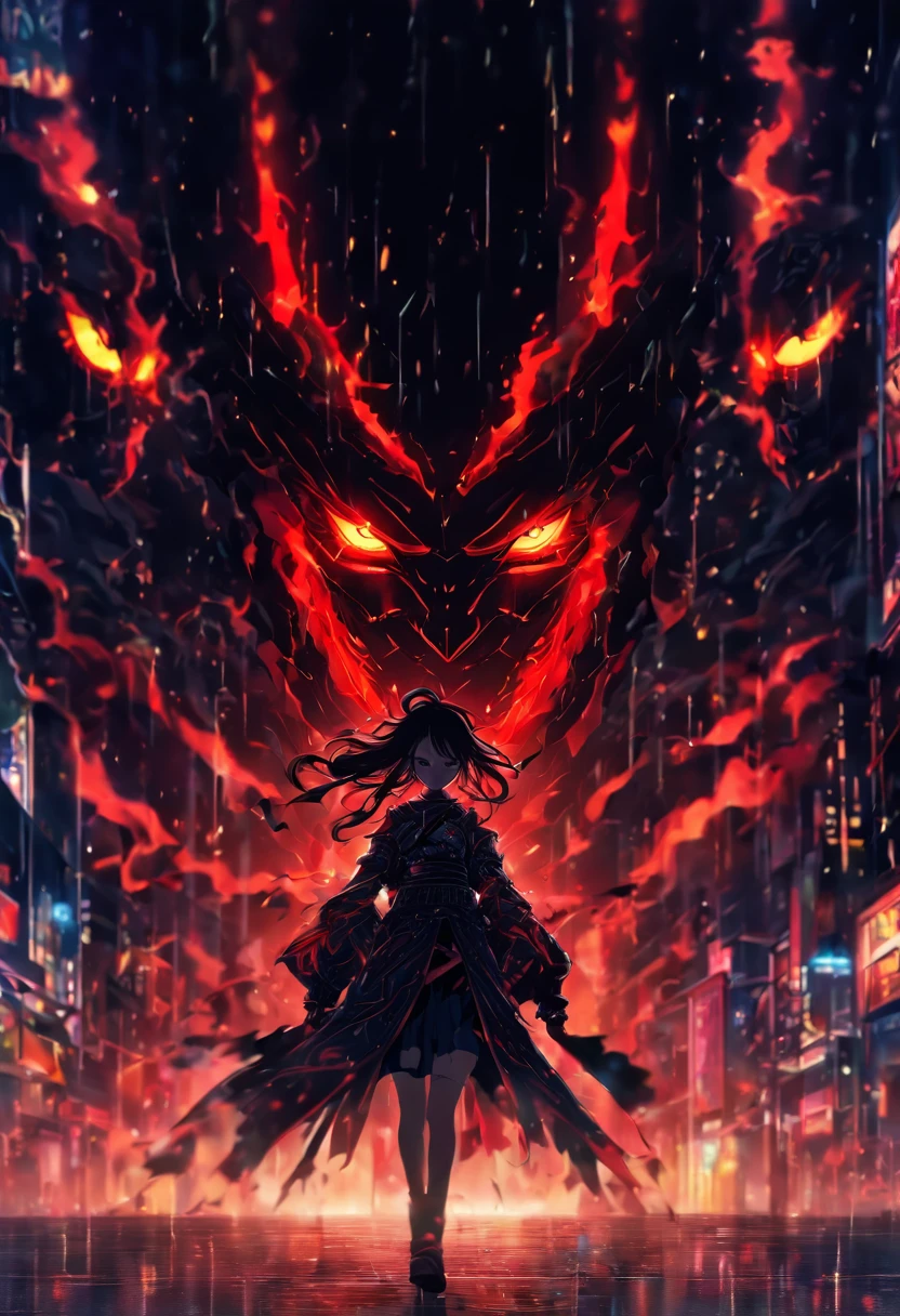 ((masterpiece, best quality)), very aesthetic, ultra detailed, intricate details, highly detailed, UHD, HDR, 8K, perfect face, Silhouette creepy highschool girl in part at night with glowing eyes, night, atmosphere, detailed background, neat and clean, thin lines, vibrant environment background, (newest anime art style)