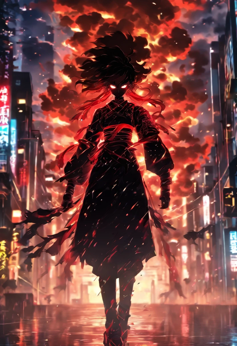 1 Japanese girl, battle armor, Intricate pattern, heavy metal, Energy lines, Faceless, Glowing eyes, elegant, Intense, blood red and black uniform, Solo, modern, City, Streets, Dark clouds, thunderstorm, heavy rain,, Dramatic lighting,, (Masterpiece:1.2), Best quality, high resolution, Beautiful detailed, Extremely detailed, Perfect lighting,