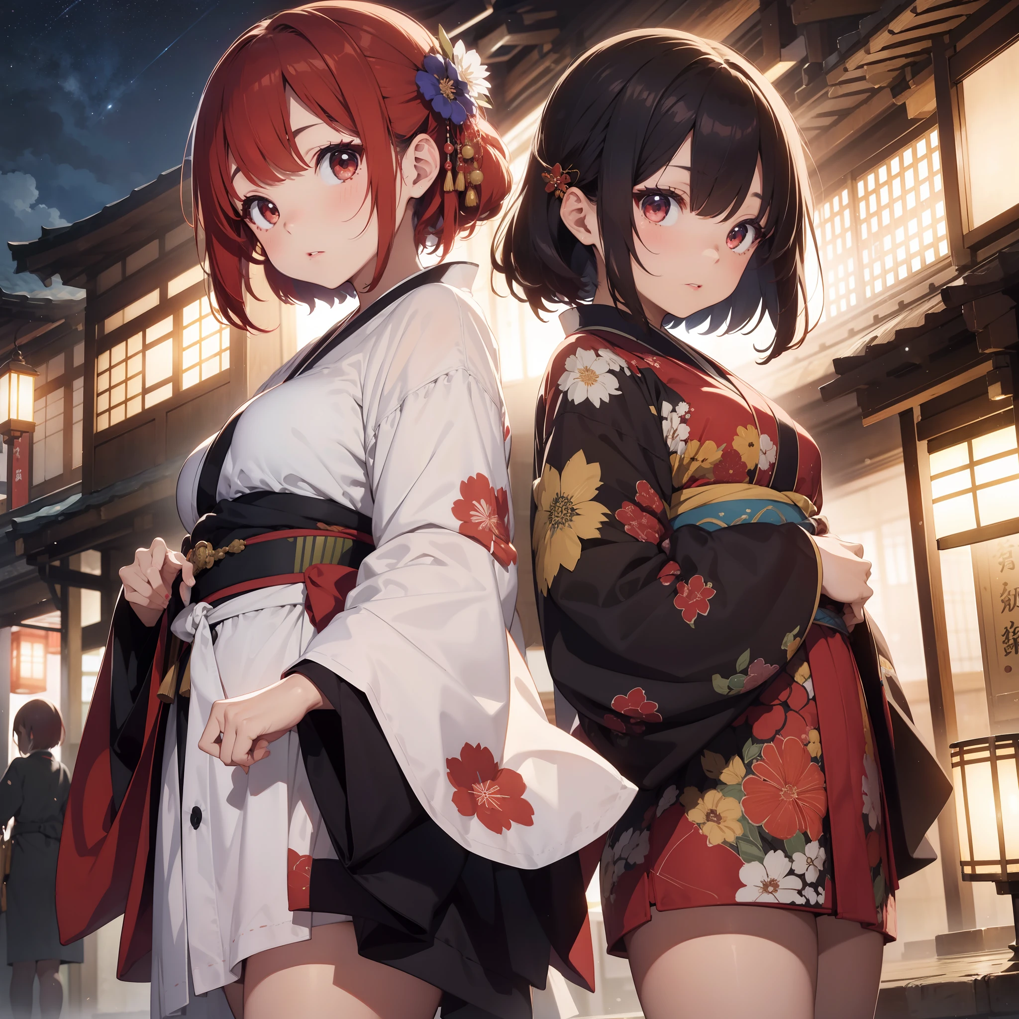 masterpiece、high-level image quality、High gloss、soio、Overall view、full-body view、One girl with mature face、with round face、Glowing round eyes、Red hair color、Lined bob cut、Hairstyle flowing sideways in hair styling、Vermilion long eyeliner、Seductive makeup、red lipsticks、de pele branca、Kimono with a large Japanese pattern、Extravagantly embroidered kimono、Look up and look at me、Background with Parental residence、Salon、