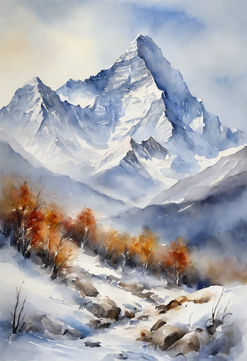 ink and watercolor painting、Winters、snow mountains、Mount Everest、First ascent of Mount Everest、crew、Mountaineering teams、the wind、yuki、