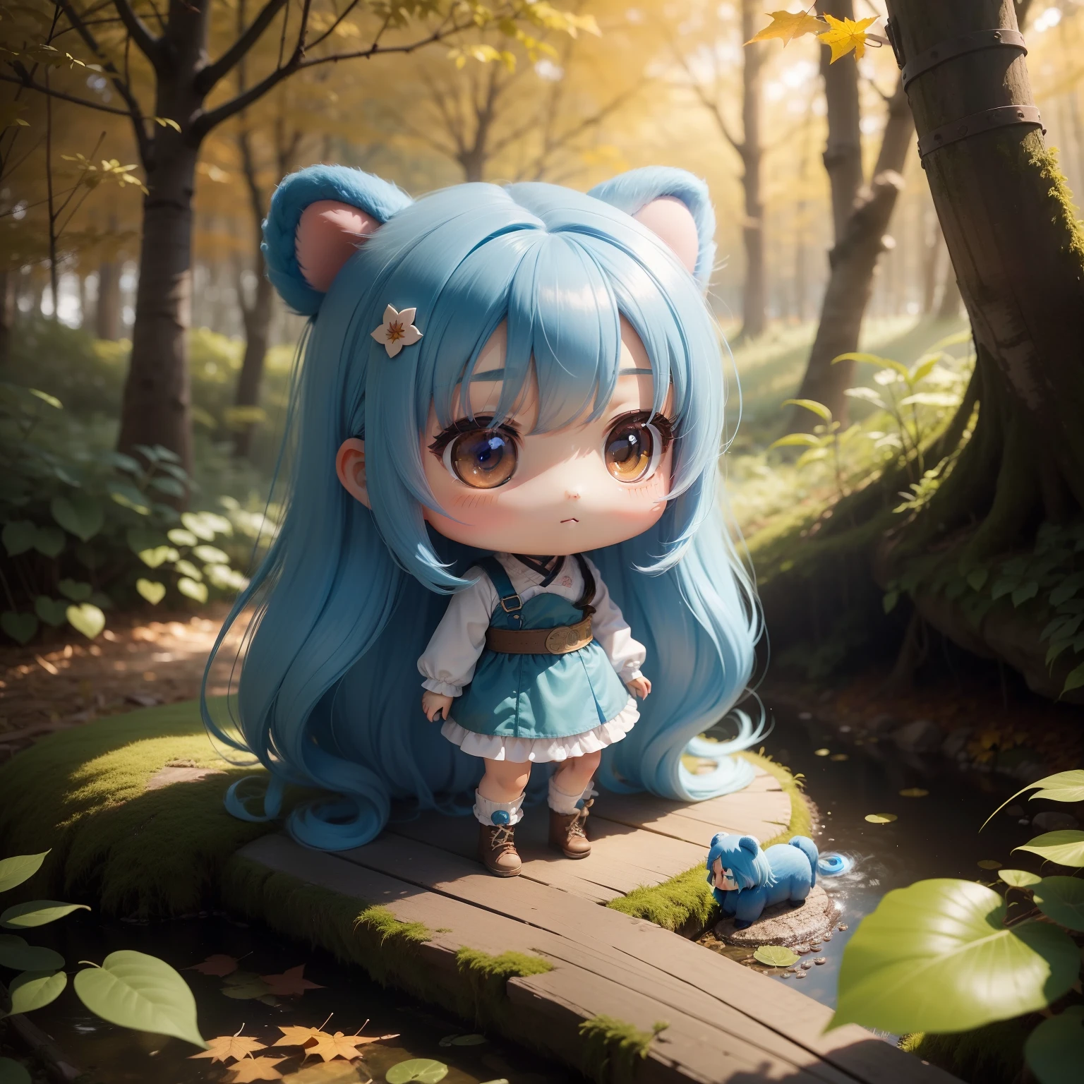 Chibichara long hair with blue hair((Chibi Chara))、girl with、Chibi Chara、I am taking a large open-air bath in the forest of autumn leaves.。The little bear is with us.。full body Esbian、Pastel colors hair、masutepiece、top-quality、