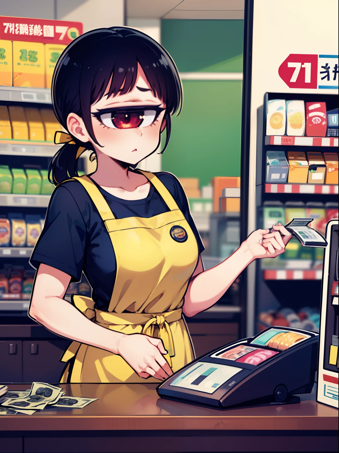 1girl,ponytail,tangan,cyclops, convenience store,cashier, konbini,counter, cash register,7-eleven, Employee badge,apron