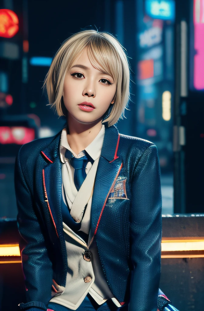 (masterpiece:1.2), ultra detailed, ultra high res, (realistic, photo realistic:1.37), high detail RAW color photo, professional photograph, an extremely delicate and beautiful, extremely detailed, 8k wallpaper, Amazing, finely detail, extremely detailed beautiful girl, extremely detailed face, extremely detailed eyes, extremely detailed skin, extremely detailed fingers, extremely detailed nose, extremely detailed mouth, perfect anatomy, highly detailed background, (a famous actress of Japan:1.2), blond hair, shortcut hair, Dynamic lighting, (cyberpunk:1.5), (cyberpunk city), neon sign, (blazer school uniform:1.6), headphones. full body, hard rain, wet, (sitting:1.3)