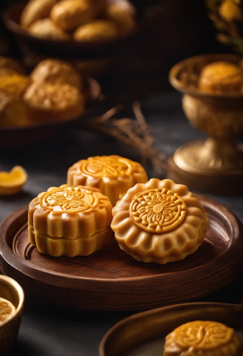 Commercial shooting, Cantonese egg yolk mooncakes, Mooncake size, poster for, Fresh style background, elegant, Booth lighting, Attractive, photorealistic colors, Ultra HD
