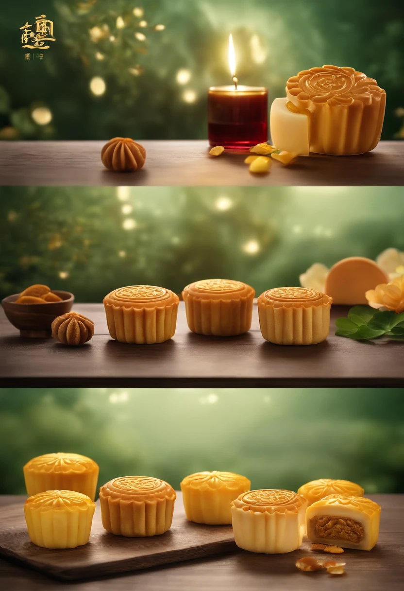 Commercial shooting, Cantonese egg yolk mooncakes, Mooncake size, poster for, Fresh style background, elegant, Booth lighting, Attractive, photorealistic colors, Ultra HD