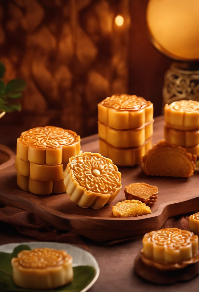 Commercial shooting, Cantonese egg yolk mooncakes, Mooncake size, poster for, Fresh style background, elegant, Booth lighting, Attractive, photorealistic colors, Ultra HD