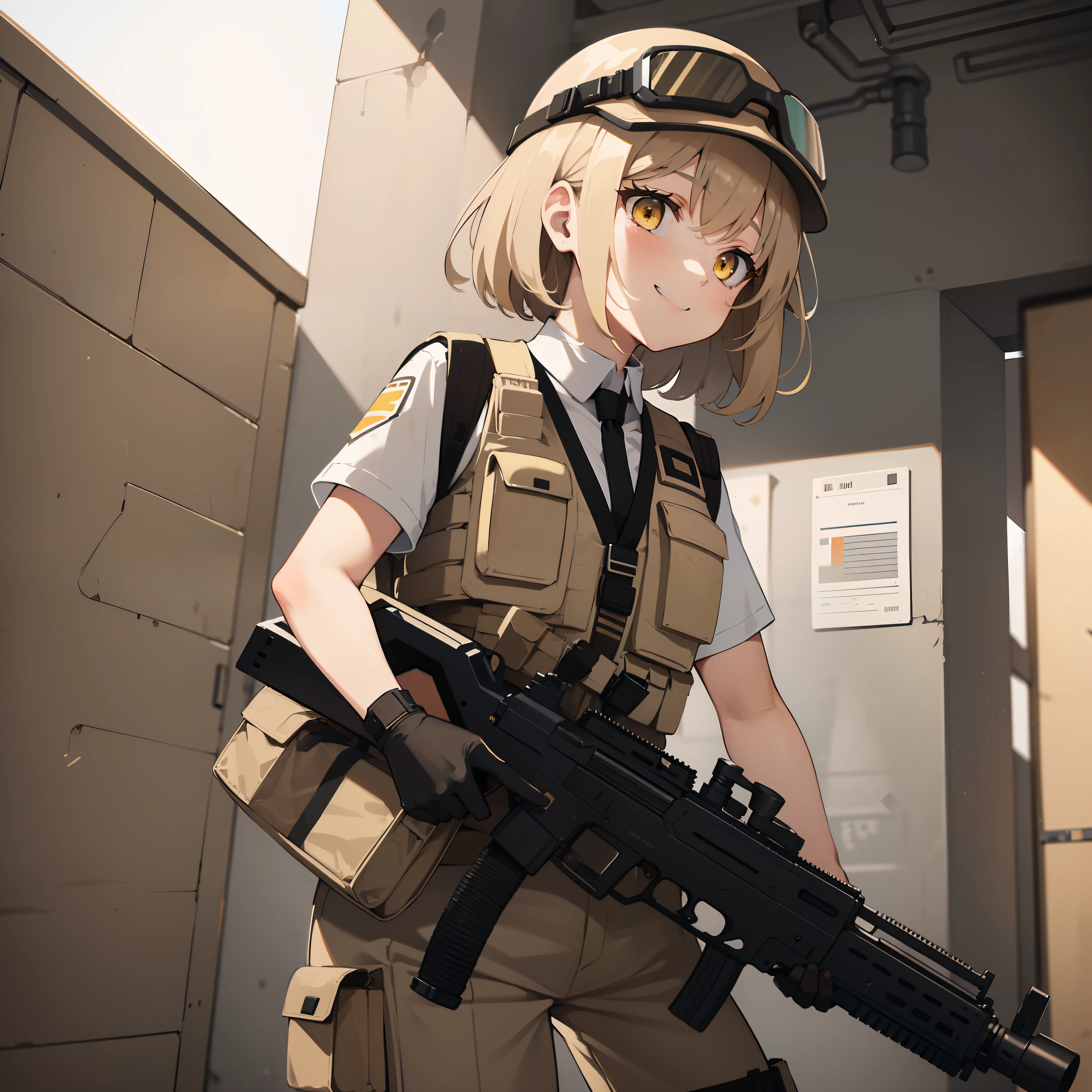 1girl, light brown short messy hair, beige tactical helmet, helmet, tactical goggles, beige tactical railed headset, white formal tshirt, tshirt uniform, tshirt, tactical vest, beige armor, beige colored armor, beige colored pouches, triangle halo, colored halo, green triangle shaped halo, smile, smug eyes, beige helmet, black belt, desert pants, yellow eyes, beige tactical vest, white tshirt uniform, black gloves, beige helmet, stancing, aiming, shooting, bullets, fire, covering, assault, operation, desert, firing, under attack, attacking