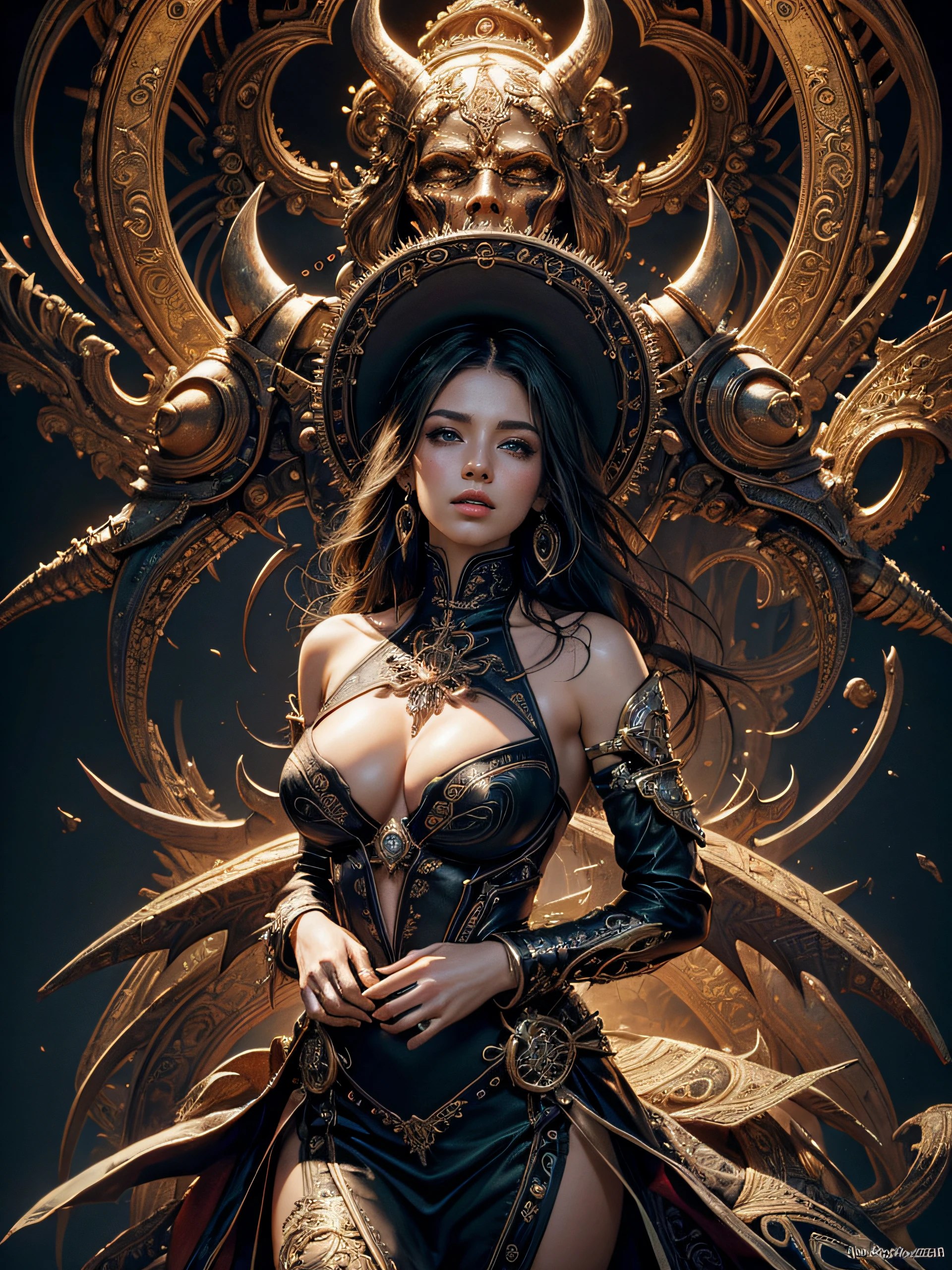 diablo 4, official art, unreal engine 8k, ultra detailed, beautiful and aesthetic, masterpiece, best quality, (zentangle, mandala, tangle, entangle), (fractal art:1.3) , 1girl, extremely detailed, dynamic angle, cowboyshot, the most beautiful form of chaos, elegant, a brutalist designed, vivid colours, atmospheric, ecstasy of musical notes, streaming musical notes visible