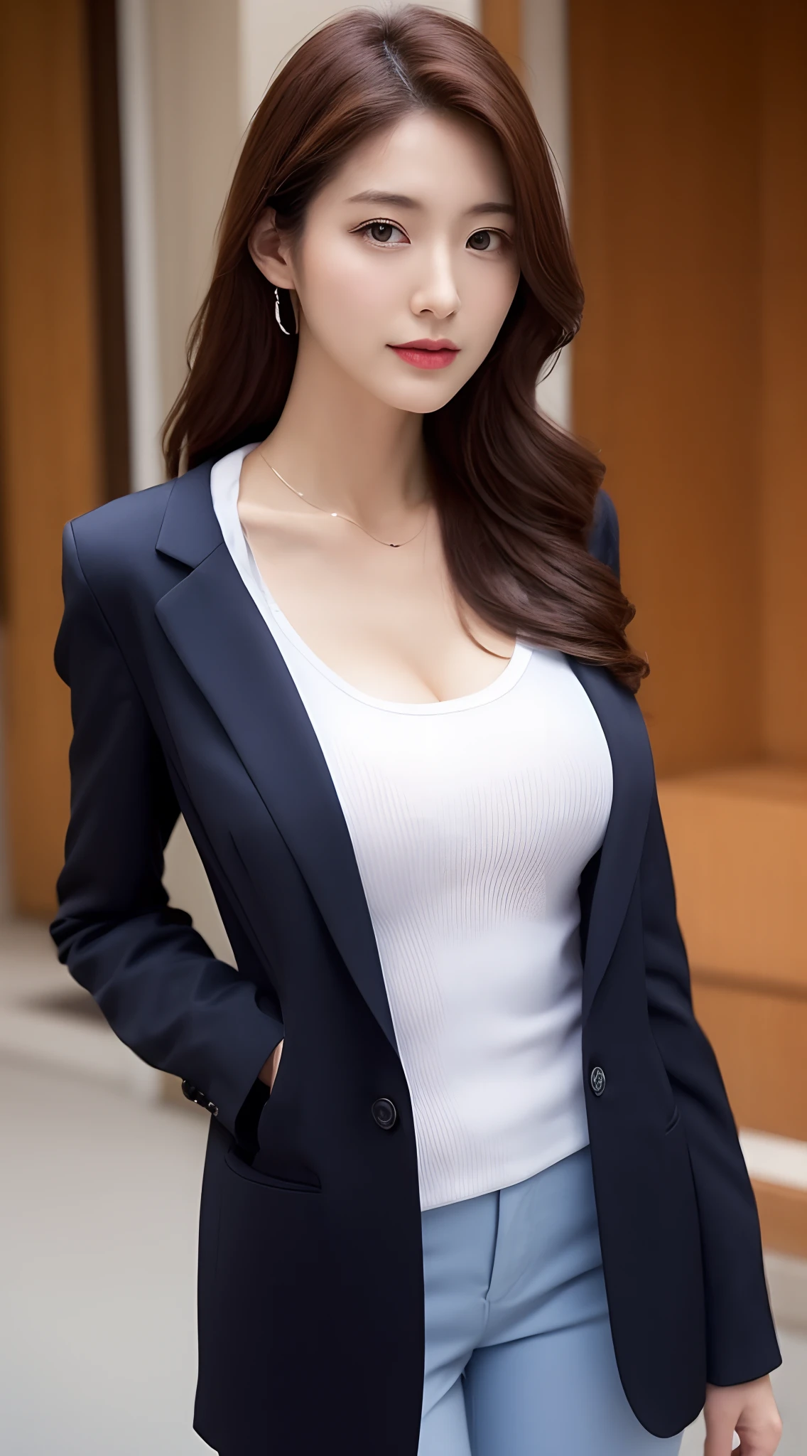 Non-NSFW、Real、Highest quality、Highest quality、masterpiece、Ultra-high resolution、RAW Photos、Real、Bright lighting、Face Light、Smooth Professional Lighting、Looking into the camera、alone、Adult women、Beautiful woman、Super Beauty、Realな肌、Moisturized Skin、Realな目と顔、Perfect model body、Beautiful Eyes、Big eyes、Inconspicuous tear bags、slim、No bra、Beautiful fingers、Very long hair、Beautiful, saturated photography by Emily Soto, clavicle, (mature:1.3), Highest quality, Humidity, attractive,skinny, smile, no_panties, Large Breasts, (masterpiece),(Highest quality),(((Pussy:1.3))), ((photoRealistic)), (brown hair), (Waist-length hair:1.5), Small Ass, Gray background, lips, Realistic, Königsreuter, (Bold open-necked Blazer:1.5), (Garter Stockings:1.2), (Pencil Skirt:1.2), (from above:1.1), (looking back1.6)