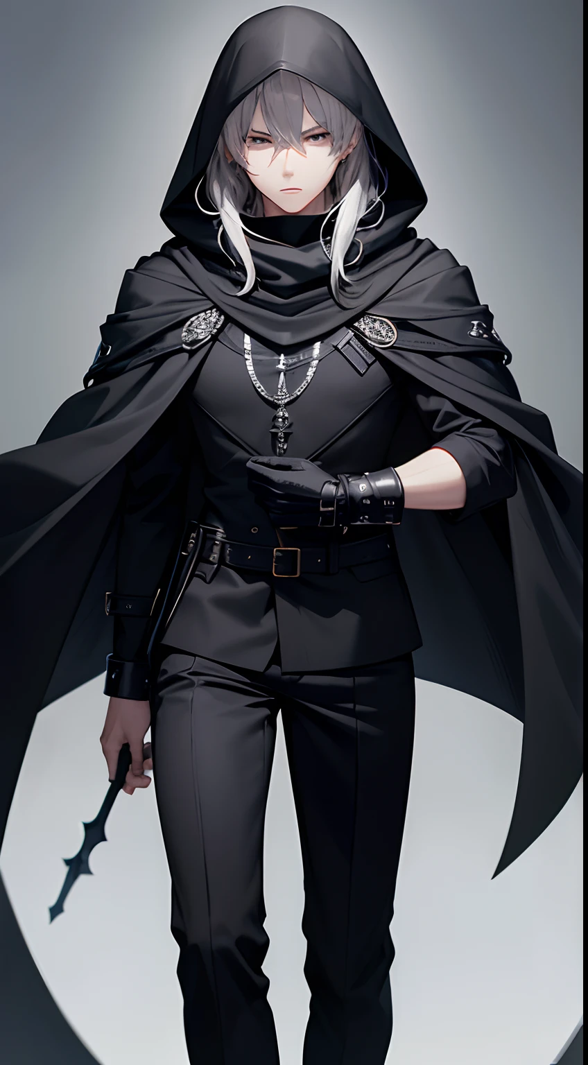 8k, masterpiece, extreme detail, expressive clothing, expressive hair, expressive face, 1male, cult, black hoodie, black scarf, black cloak, black pants, head to thighs, head covered by cloak