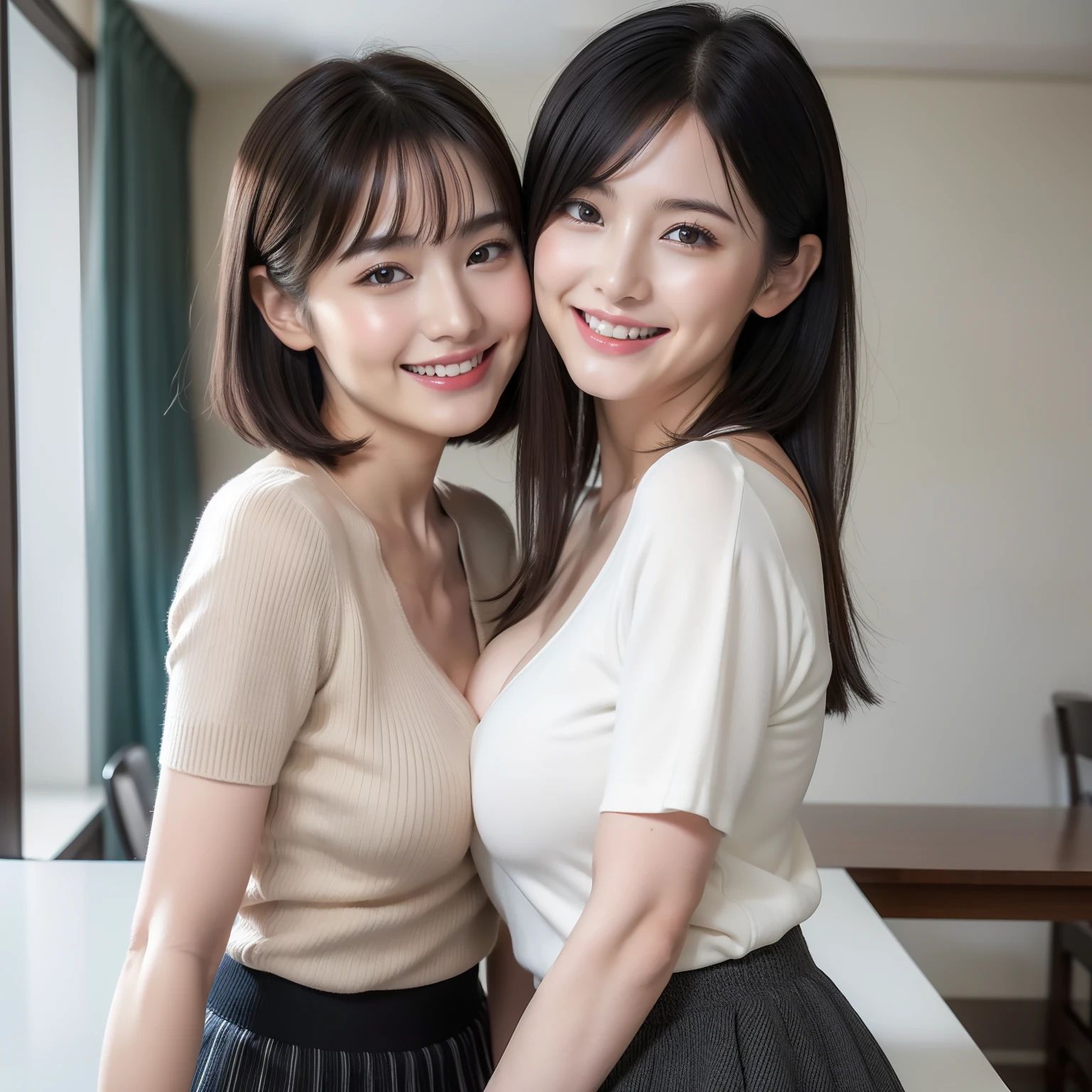 (in 8K, Raw photo, 超A high resolution, Best Quality, masutepiece:1.2), (realistic illustration), (the Extremely Detailed CG Unity 8K Wallpapers), absurderes, 2 girls in, 18 yo, Beautiful face,Large breasts, Black medium hair, Smile, Tilting head, grin, Upper body, skirt by the, V-neck short sleeve knit, Indoor, Upper body, AKB48 Idol, 女優