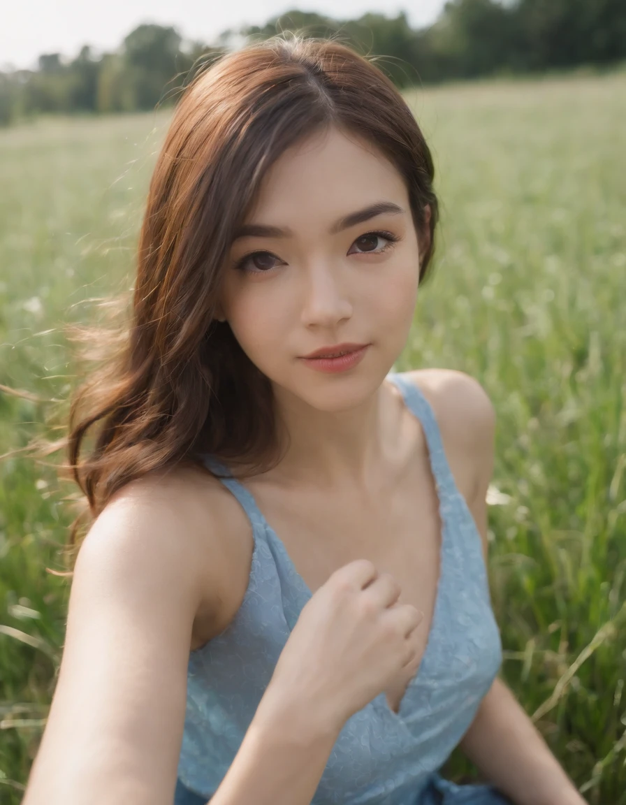 1girl,,Canon DIGITAL IXUS 700,sitting on the sloping grass,a gentle breeze blows up the hair,a concise and clean image,Full shot,a blue sky floating with clouds,horizon,miyazaki hiyori,fisheye,arm support,selfie,