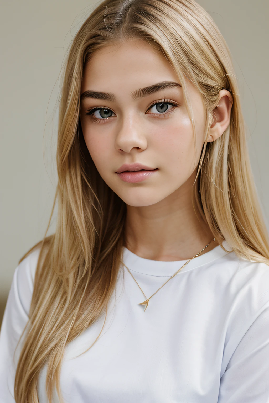 arafed blond woman with a white shirt, she is about 1 , a beautiful teen-aged g 18 years old, gorgeous face, 1 6 years old, sh the camera, 19-year-old girl, hyperrealistic teen, madison beer girl poit, very pretty face, young cute face