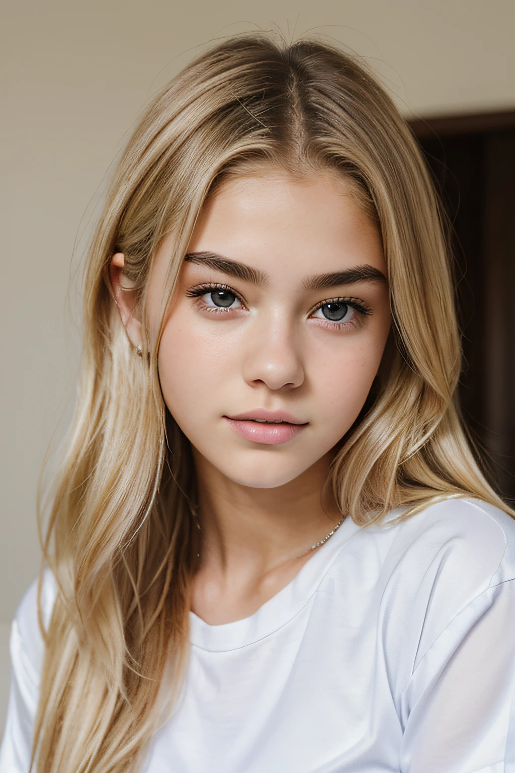 arafed blond woman with a white shirt, she is about 1 6 years old, a beautiful teen-aged girl, 18 years old, gorgeous face, 1 6 years old, she is facing the camera, 19-year-old girl, hyperrealistic teen, madison beer girl portrait, very pretty face, young cute face