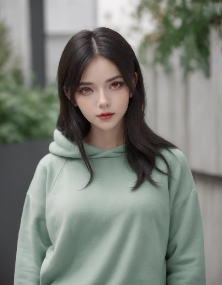 Girl with dark blue hair, green eyes,rectangular body figure, casual clothes