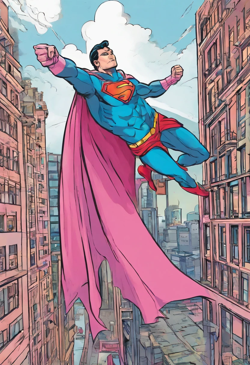 A super man wearing pink and blue colour dress, standing on a building