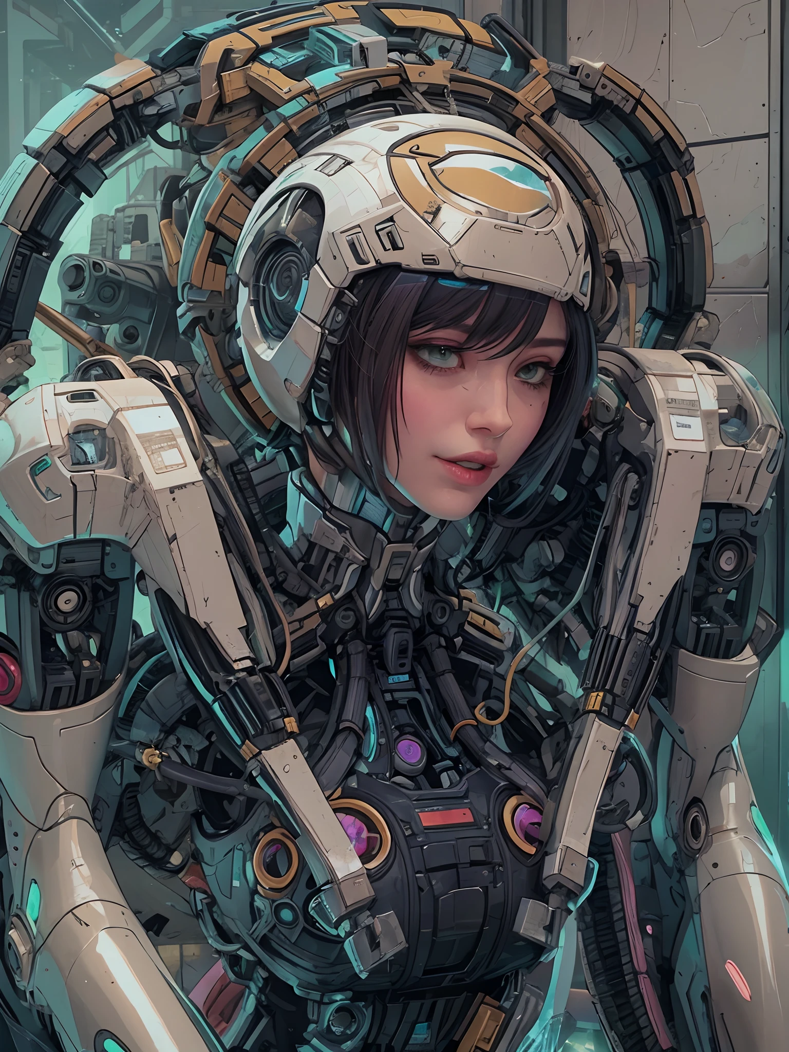 female mimic sex robot,docking,Robot malfunction,overhaul,cinematic angle