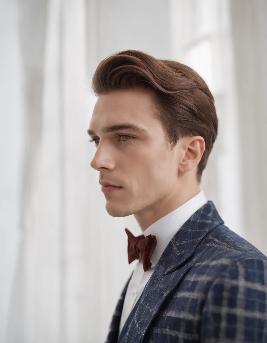 young man in vintage art nouveau style, wearing navy checkered suit,  medium close up, side shot, white room, high quality photo.