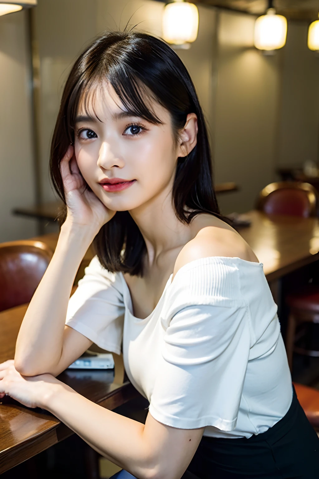 top-quality、超A high resolution、(Photorealsitic:1.4)、1人、Off-shoulder white shirt、Black Tight Scars、(faded ash gray hair:1)、(huge-breasted:1.2)、looking at viewert、a closeup、model in Japan、I see a little cleavage、Sit on a chair in the bar、izakaya