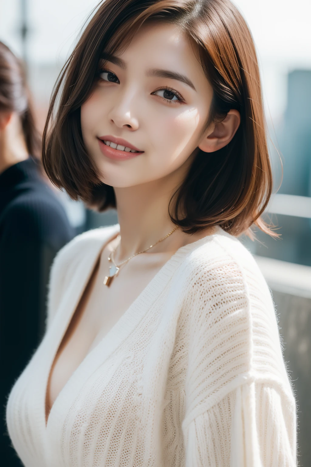 NSFW, 8k RAW photo, Best Quality, ((masutepiece)), 超A high resolution, Film grain, filmg,( 20yr old, Slender face, 1girl in, slanted eye, eyesight, long eyelashes, Eye Highlights), Looking at Viewer, Natural Skin Texture, A perfectly proportioned face, realistic eyes and face details, Full lips, lip stick, (makeup), Red eyeshadow, Perm Hair, Fluffy short hair, hair messy, Smile, closes mouth, Beautiful legs, Tall lady, skinny, slim_Legs, Solo, huge-breasted, cleavage, Ass, (Urban Location), (Detailed background), ((Black long-sleeved knit)), huge-breasted, cleavage, lowfers, Blurry background, Blurry, Short sleeves, Brown hair, Bangs, a necklace, Parted lips, Lips, From Side, depth of fields