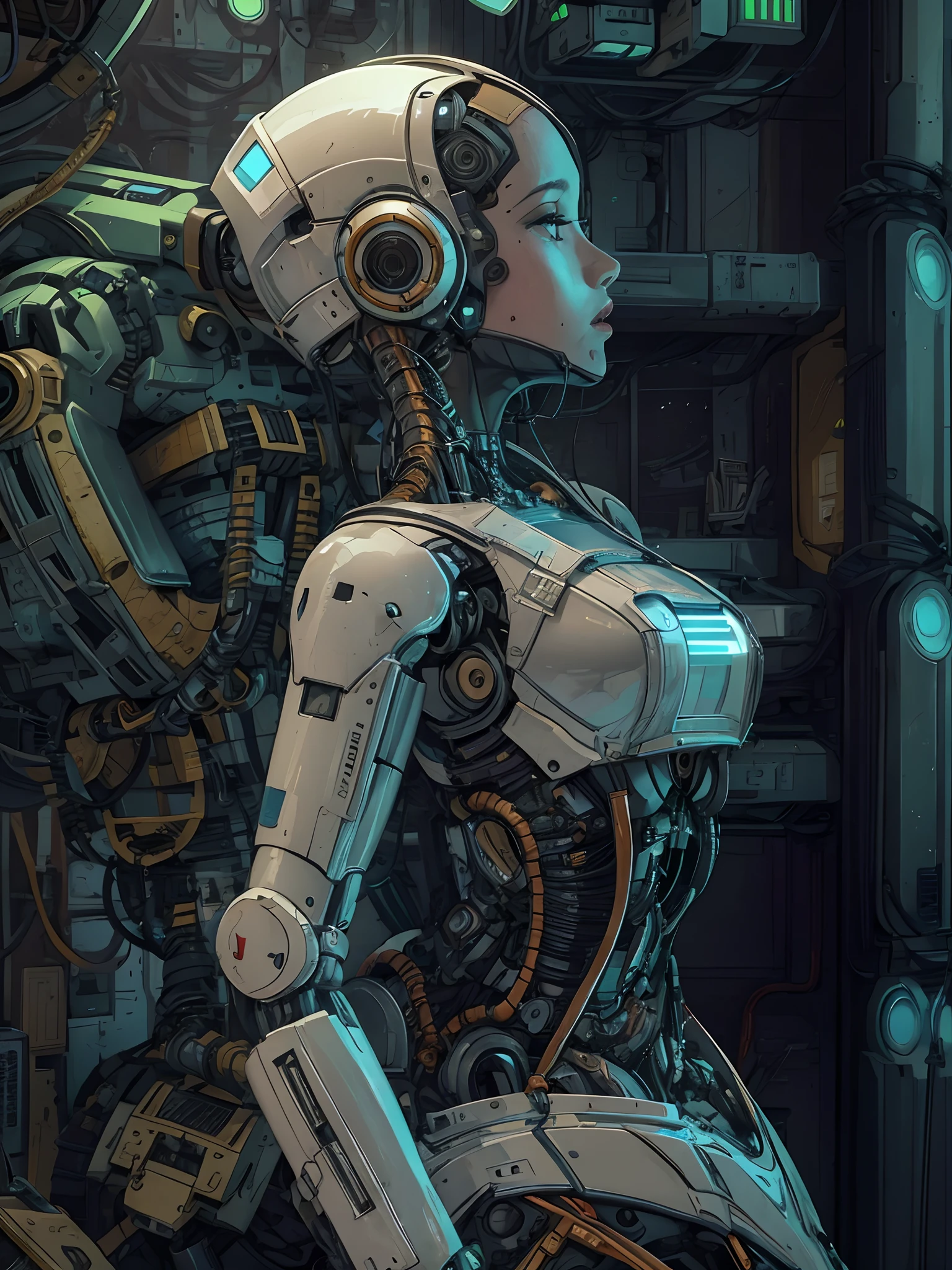 female mimic sex robot,docking,Robot malfunction,overhaul,cinematic angle