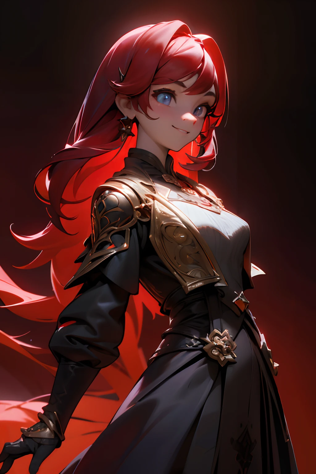 masterpiece, best quality, 1girl, (colorful),(finely detailed beautiful eyes and detailed face),cinematic lighting,bust shot,facing forward, t-pose, extremely detailed CG unity, red hair,solo,smile,intricate skirt, solid color background, (dark theme:1.3), light, fantasy, main character