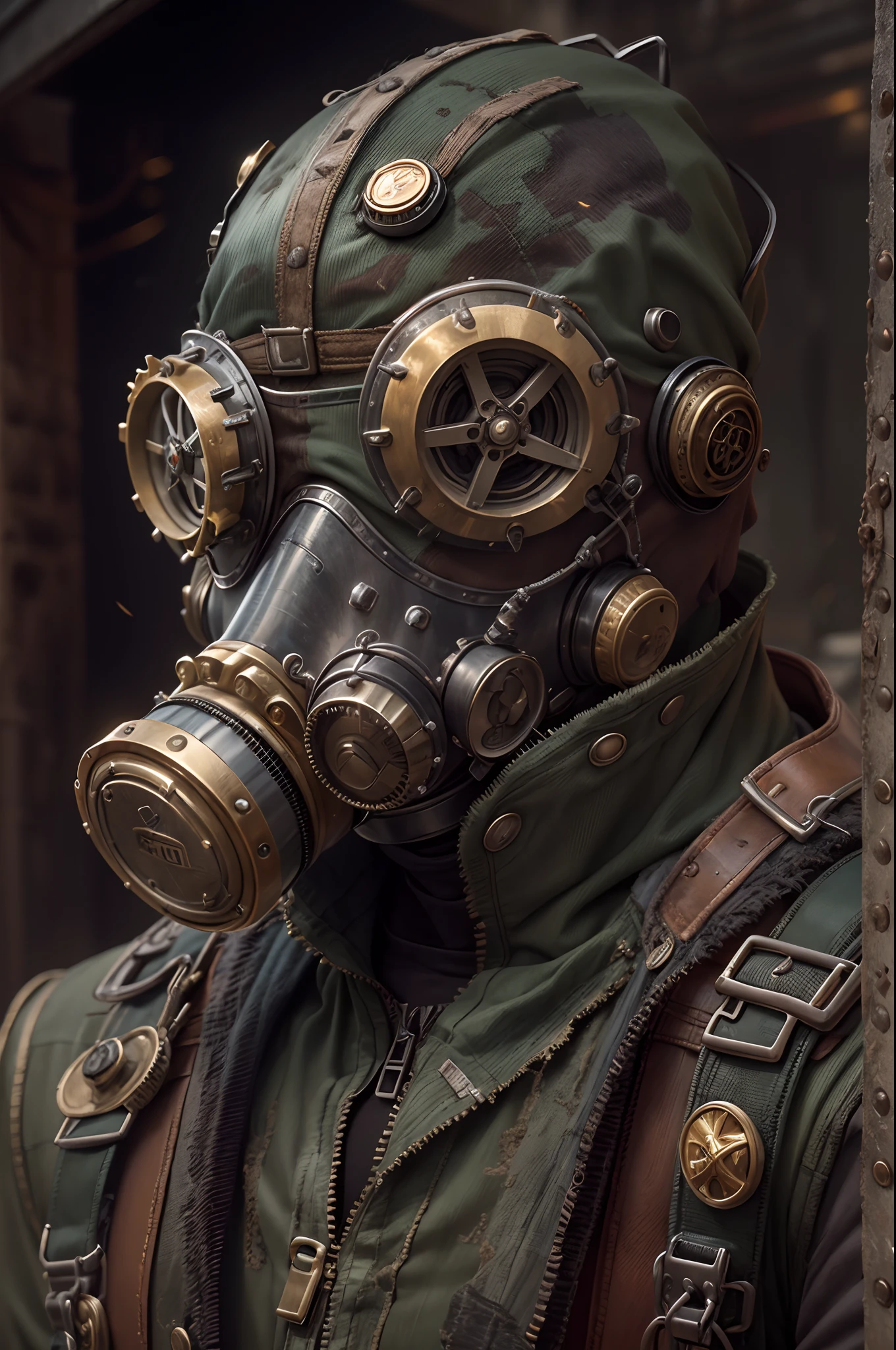 (masterpiece,realistic), best quality, a meticulously detailed visual of a male character wearing a Fallout-style gas mask that conceals his face. His high-tech suit is a testament to meticulous craftsmanship, marrying futuristic elements with steampunk influences. The suit boasts an array of intricate gears and brass components, highlighting the character's unique blend of post-apocalyptic resilience and old-world charm. fog, post-apocalypse environment, dust, cinematic, high res
