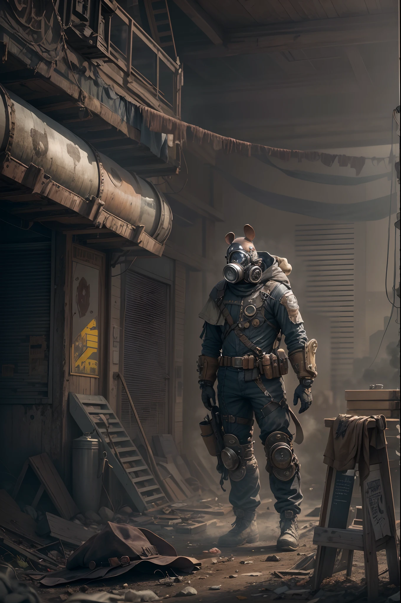 (masterpiece,realistic), best quality, a meticulously detailed visual of a male character wearing a Fallout-style gas mask that conceals his face. His high-tech suit is a testament to meticulous craftsmanship, marrying futuristic elements with steampunk influences. The suit boasts an array of intricate gears and brass components, highlighting the character's unique blend of post-apocalyptic resilience and old-world charm. fog, post-apocalypse environment, dust, cinematic, high res