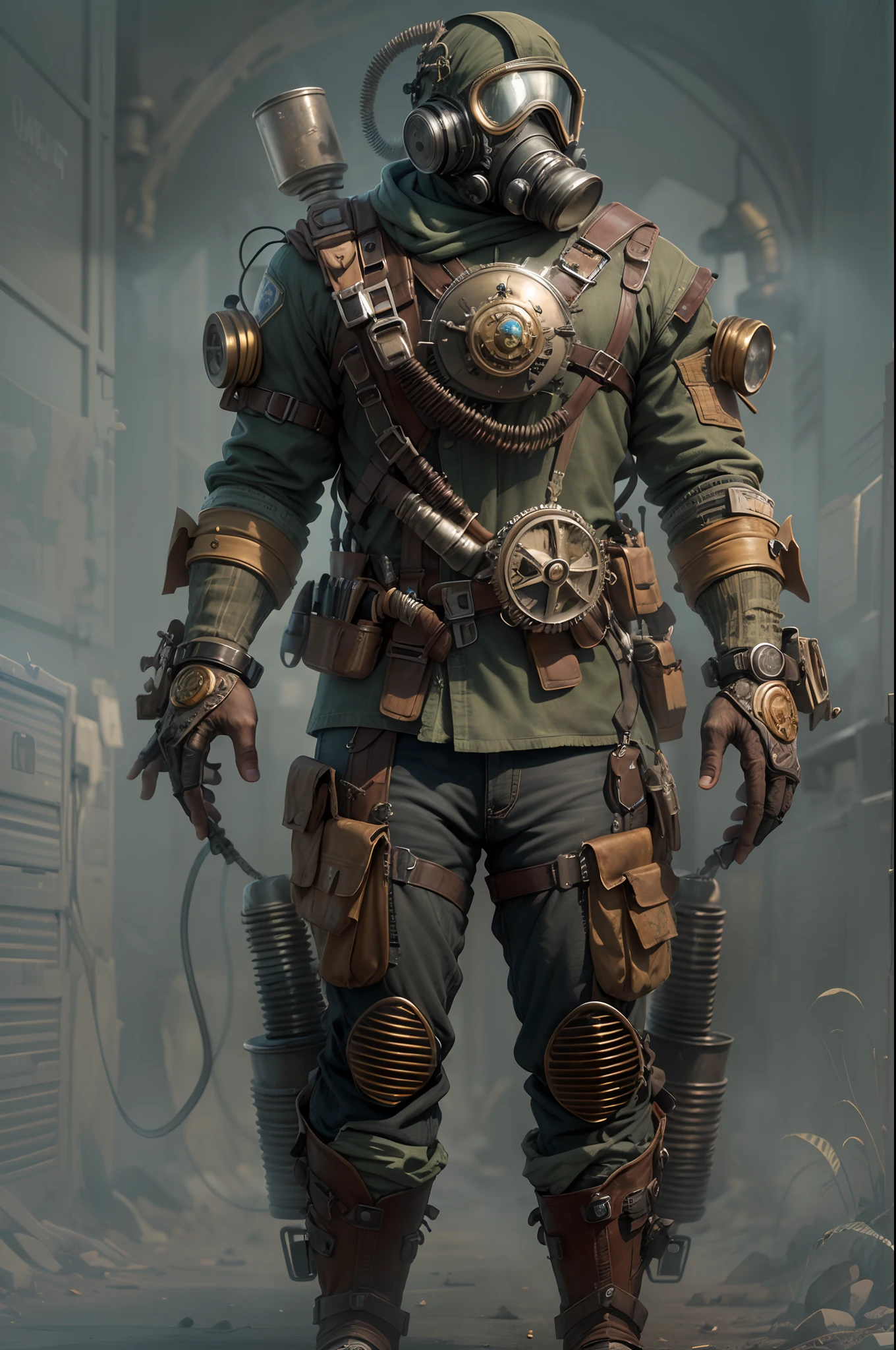 (masterpiece,realistic), best quality, a meticulously detailed visual of a male character wearing a Fallout-style gas mask that conceals his face. His high-tech suit is a testament to meticulous craftsmanship, marrying futuristic elements with steampunk influences. The suit boasts an array of intricate gears and brass components, highlighting the character's unique blend of post-apocalyptic resilience and old-world charm. fog, post-apocalypse environment, dust, cinematic, high res
