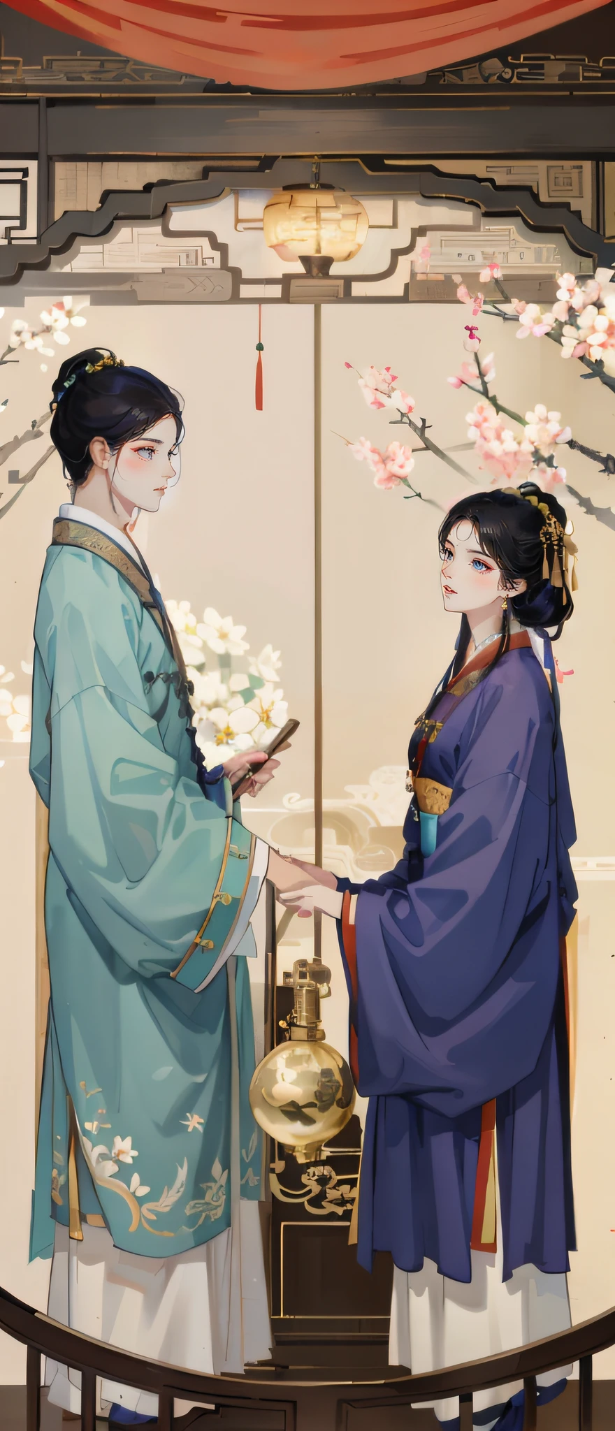 A man and a woman wear ancient Chinese clothes, with acient chinese clothes, Traditional Chinese clothing, White Hanfu,  dragon-inspired cloth robes, interior scenes，Ancient bedroom，round doors，indoor background，A boy in Hanfu holding a book， Girl holding a round fan，A girl in Hanfu, wearing a long flowing robe, Wearing a luxurious silk cloak, dressed in simple robes, Wearing a flowing purple robe，The boy on the left，Girl on the right，