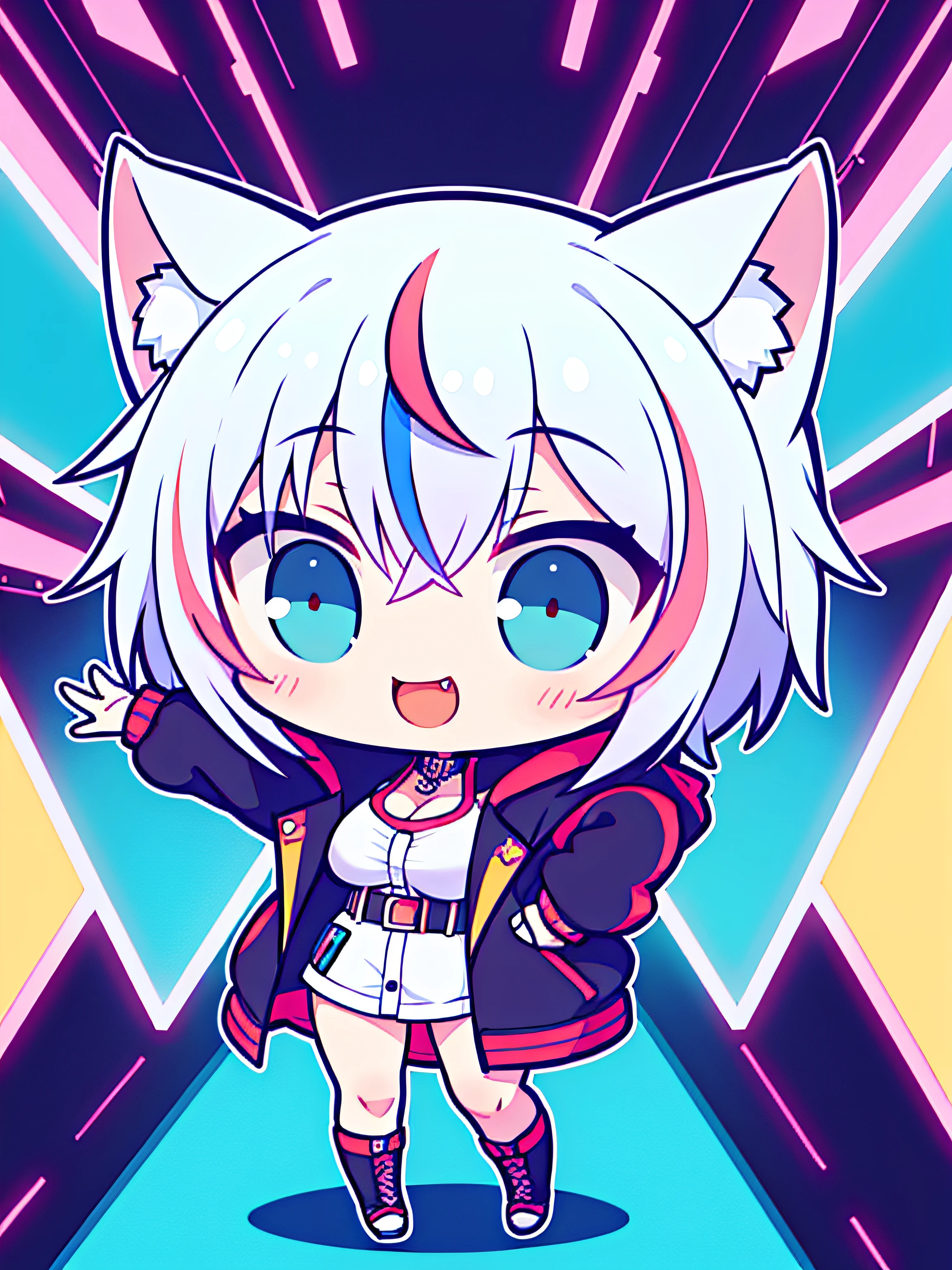 the anime character is fully dressed in very warm and sexy outfit, oversized jacket, 1girl, solo, multicolored pastel hair, blue eyes, virtual youtuber, cat ears, streaked hair, white hair, breasts, embarrassed, shy, short hair, expressive, dark bodysuit, neon, cyberpunk, perfect face, high res, ultrasharp, 8K, masterpiece, looking at viewer, chibi, kawaii, full body
