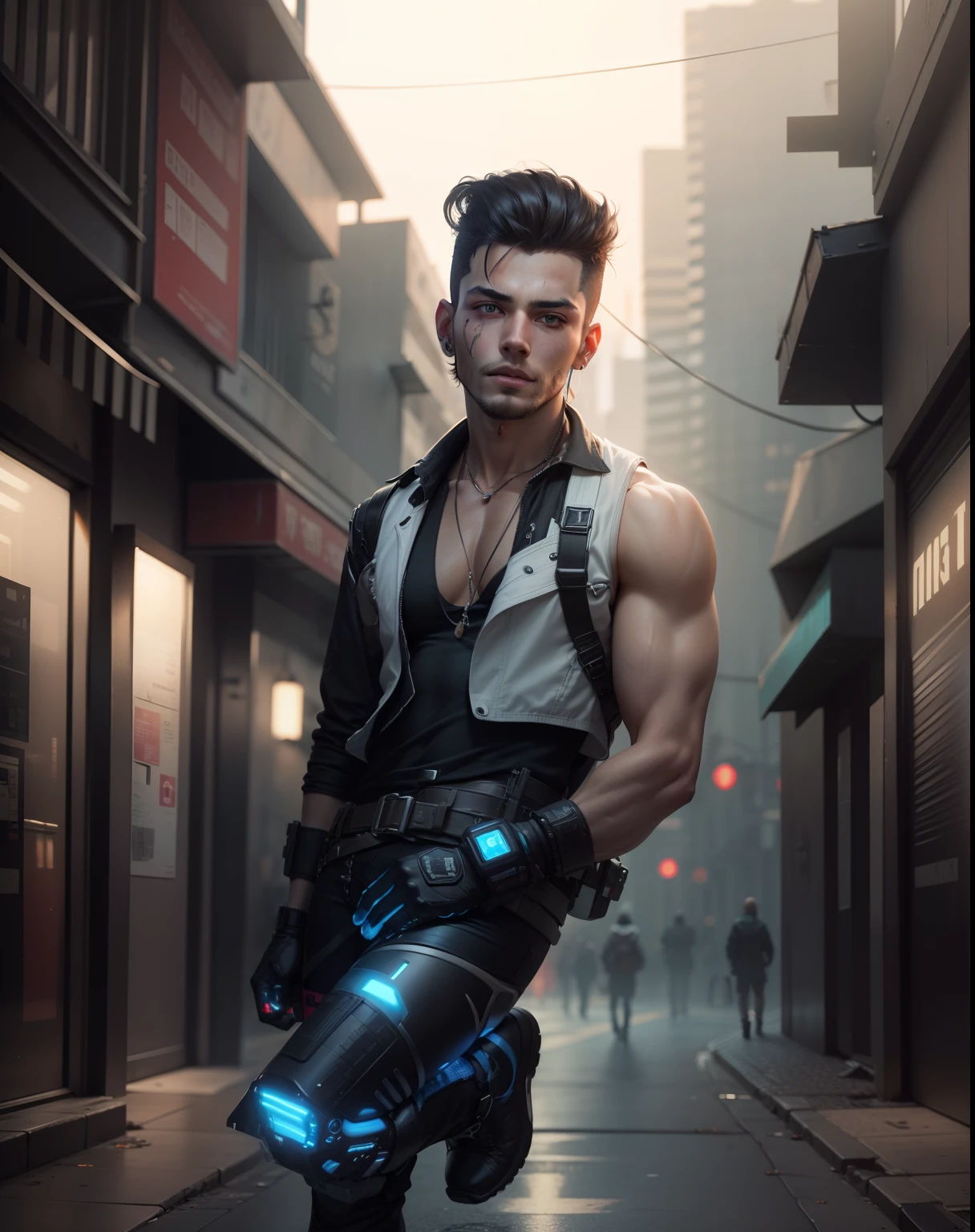 Change background into cyberpunk, handsome boy, hyperrealistic, 8k,