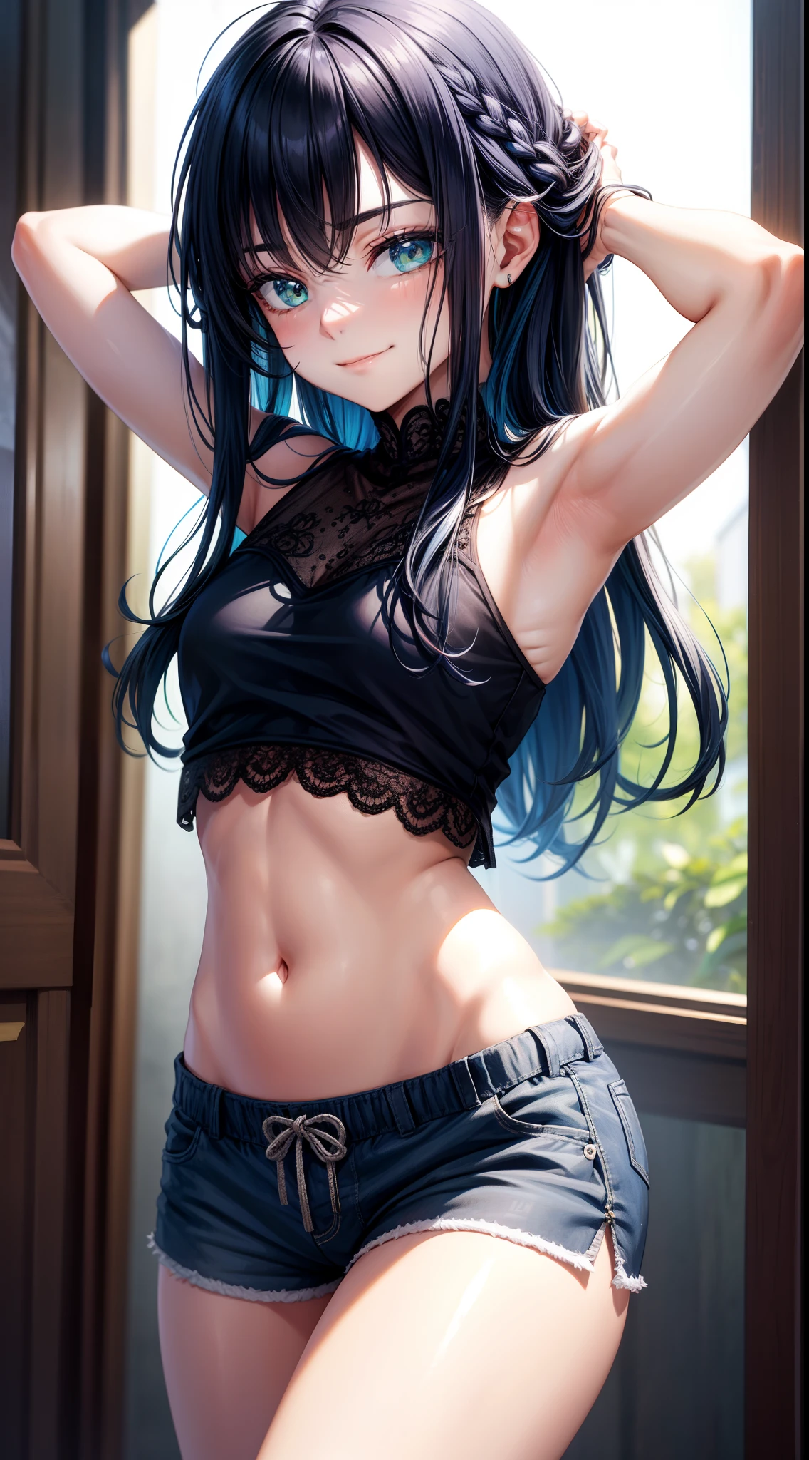  (masterpiece:1.3), (Best Quality:1.3), (Ultra-detailed:1.2), ((kawaii)), Cute, (lovely), ((sexy)), ((Extremely detailed)), 4K, (8K), Best Quality, (Beautiful), Illustration, anime style, (bold line:1.2), Gradation, looking at viewer, //, (bent down:1.1), (arms behind back), //, a cute girl, 1girl, (solo:1.2), gleaming skin, //, (big nude chested), (Perfect eyes:1.2), (Perfect iris:1.2), //, blue hair color, (beautiful eyes) //, (half closed eyes:1.3), (sexual expression:1.2), Fascinated expression, smile, (blush:1.2), //, , Emphasizing cleavage, (down blouse), mini Skirt to see underwear, //, modern pink restroom, on bed, xposed abs, hard abs