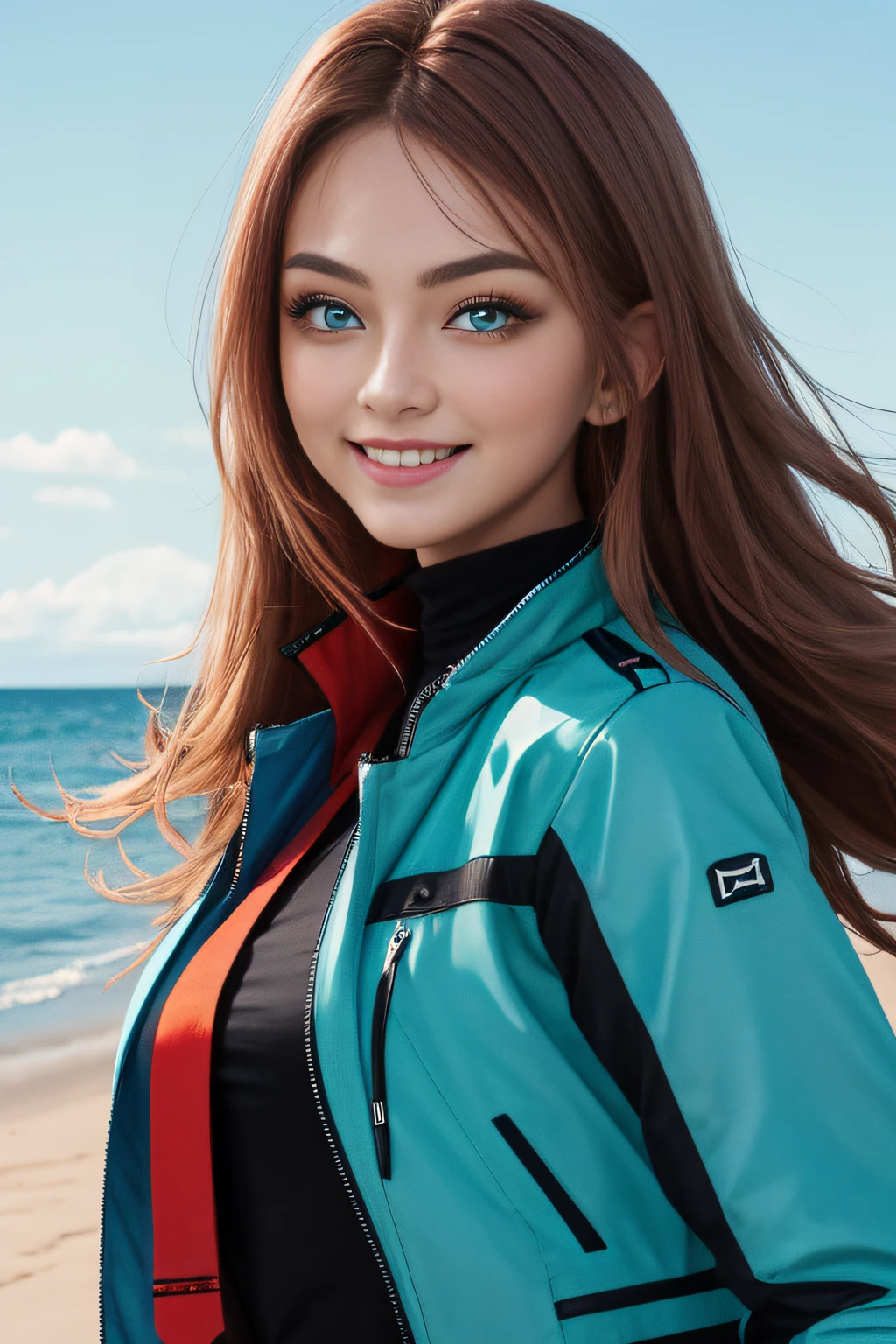 Masterpiece, Best quality, 1girll, Solo, fast, Neatness \(Nikke\), Close-up, Upper body, parted lip, view the viewer, Turquoise eyes multicolored hair,light blue hai,revil smile