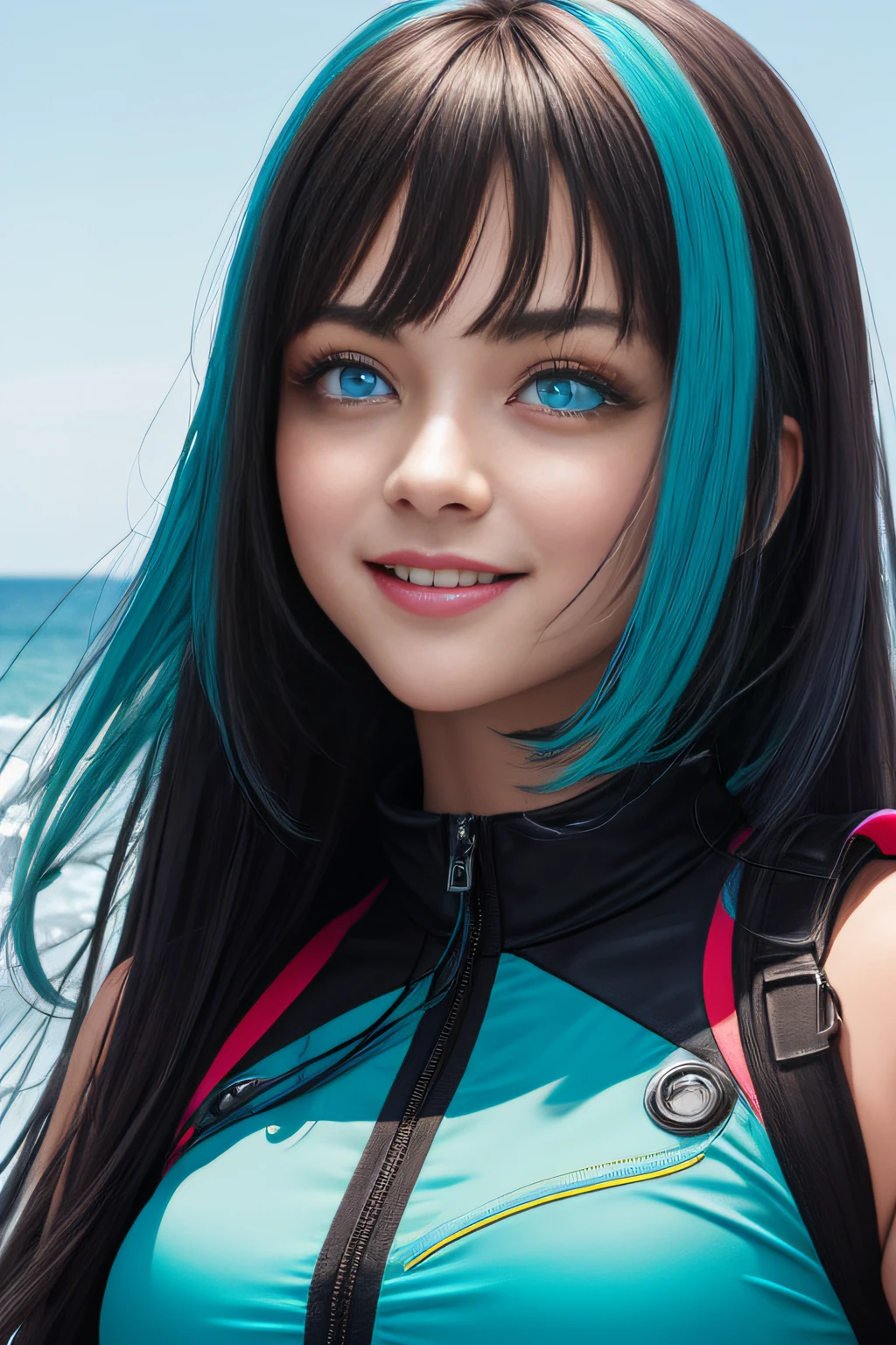 Masterpiece, Best quality, 1girll, Solo, fast, Neatness \(Nikke\), Close-up, Upper body, parted lip, view the viewer, Turquoise eyes multicolored hair，light blue hai，revil smile