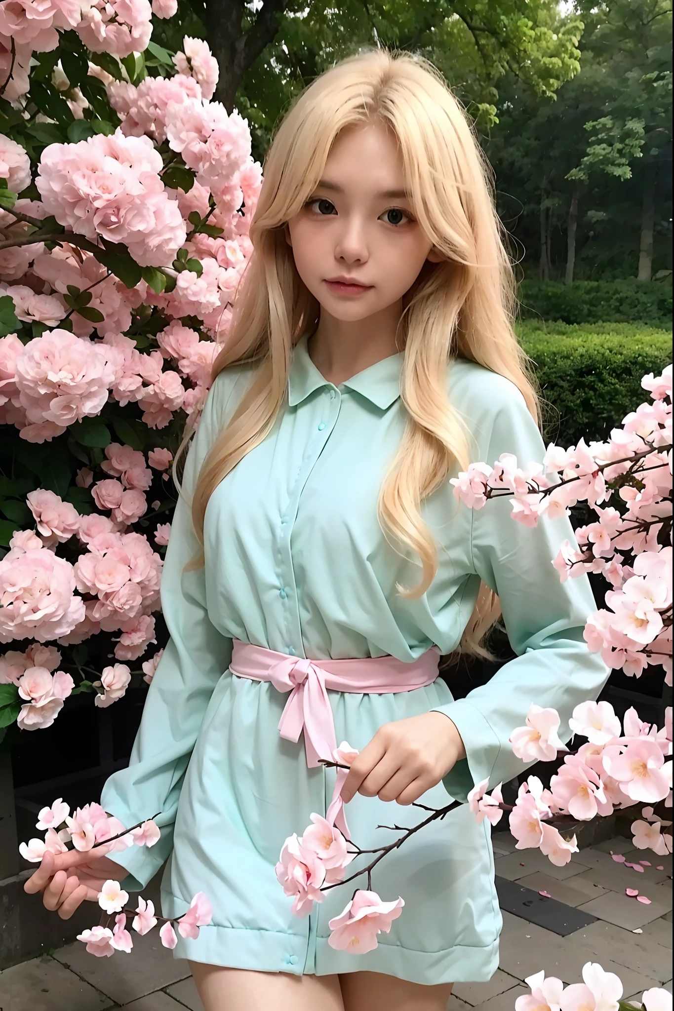 1girll，Wavy blonde hair，long whitr hair，bluntbangs，Green eyes，Pink dress，Fine eyes and detailed face，Extremely detailed Cg Unity 8K wallpaper，intricately details，Break，Kaleidoscopic image、Symmetrical pattern、vivd colour、geometric shapes、flattering design、optical illusions、Dynamic composition break、The art of pantomime、Expressive body language、Silent storytelling、Evocative gestures、Visual storytelling、Theatrical performances break free、flowers in full bloom、Colorful petals、Fragrant smell、Nature's gift，Vibrant garden，peaceful scenery