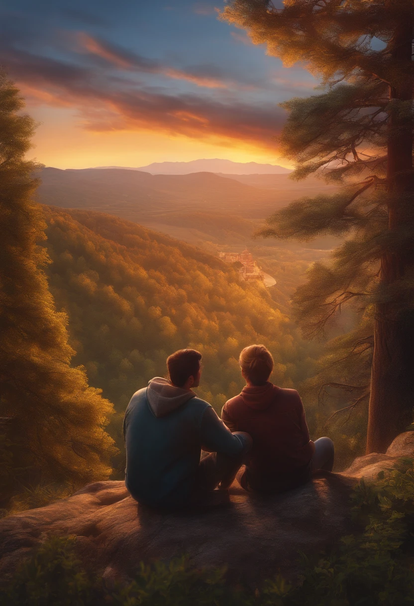 Two friends sitting on a mountain talking, in the background you can see the town, trees next to them, sunset, well detailed illustration, full HDR