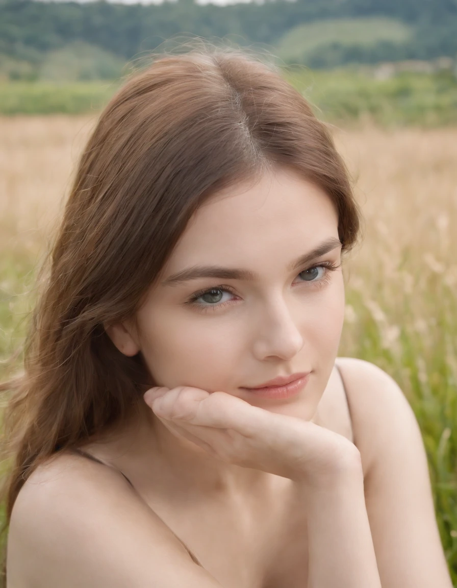 1girl,,Canon DIGITAL IXUS 700,sitting on the sloping grass,a gentle breeze blows up the hair,a concise and clean image,Full shot,a blue sky floating with clouds,close-up