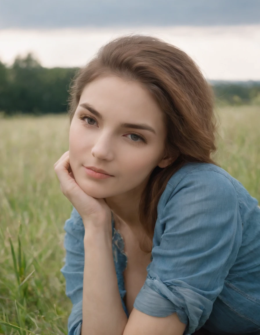 1girl,,Canon DIGITAL IXUS 700,sitting on the sloping grass,a gentle breeze blows up the hair,a concise and clean image,Full shot,a blue sky floating with clouds,close-up