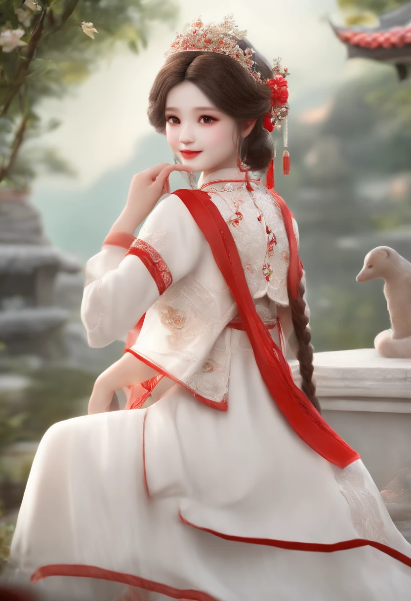 (Masterpiece) (Best quality) (Ultra-detailed), (full bodyesbian:1.2), 1girll, tchibi, Cute, Smile, (Beautiful detailed face), (Beautiful detailed eyes), White skirt, red decoration, Chinese summer wear, pale porcelain skin, Art in the Guwitz style, Soft Portrait Shots 8K, The skin is like alabaster, full bodyesbian, standing